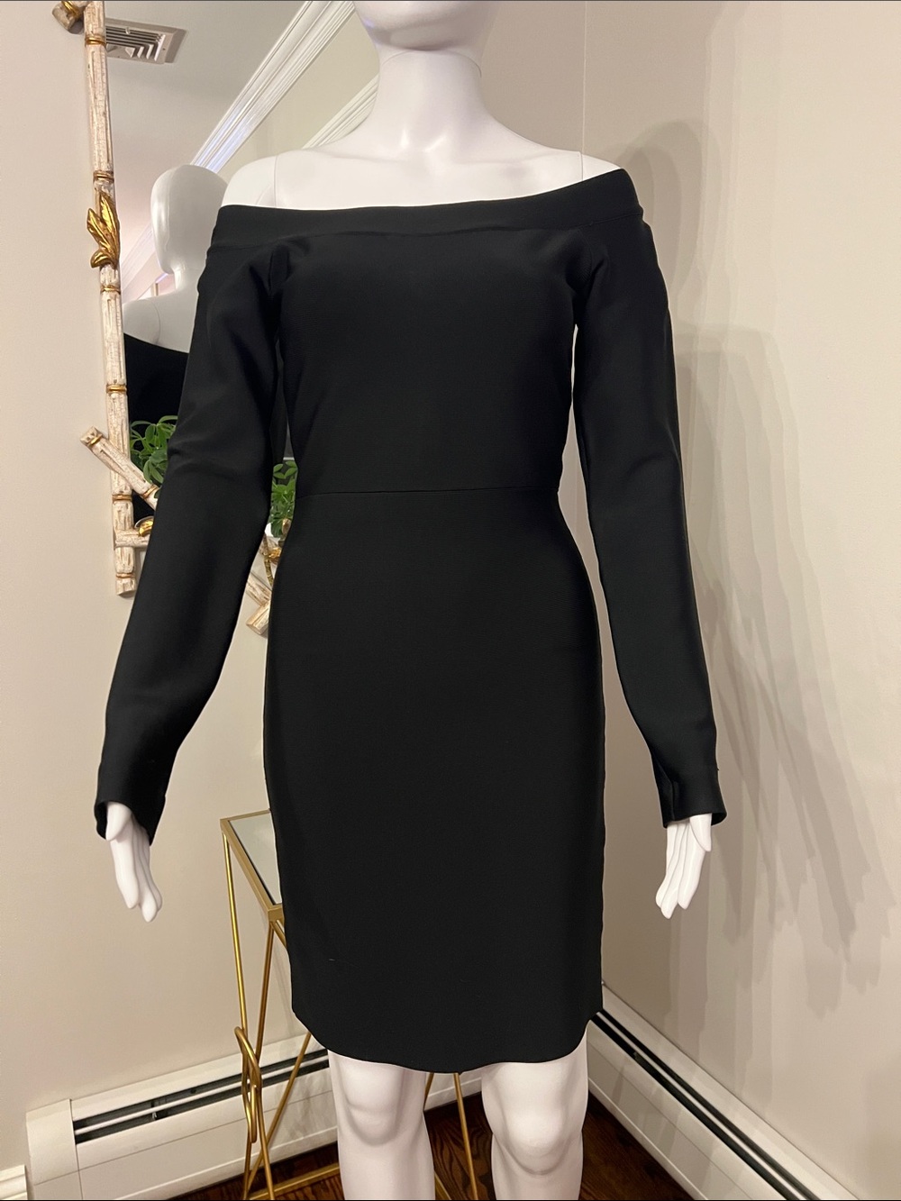 BCBGMaxAzria Black Off-the-Shoulder Long Sleeve Sheath Dress